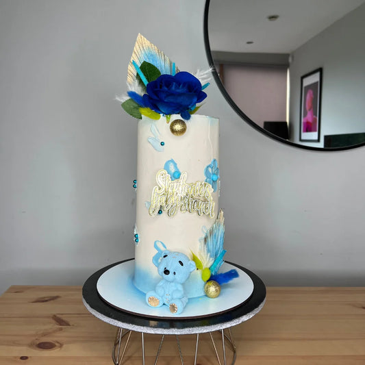 CREAM AND BLUE BABY SHOWER CAKE